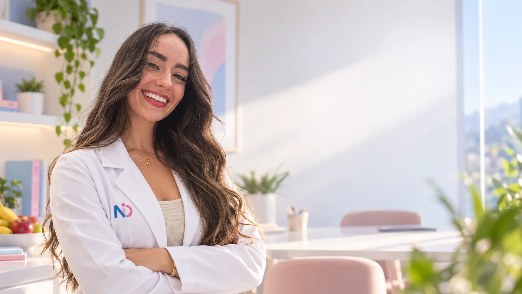 Diana, nutricionista, sonriendo en su consultorio